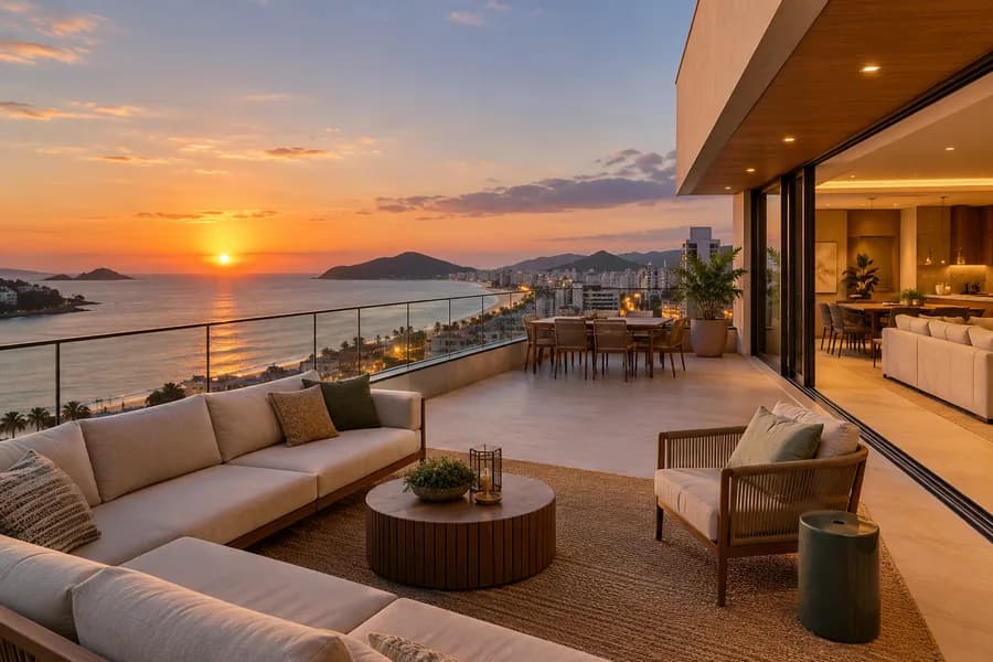Imagem sintética: terraço de cobertura com vista para o mar ao entardecer